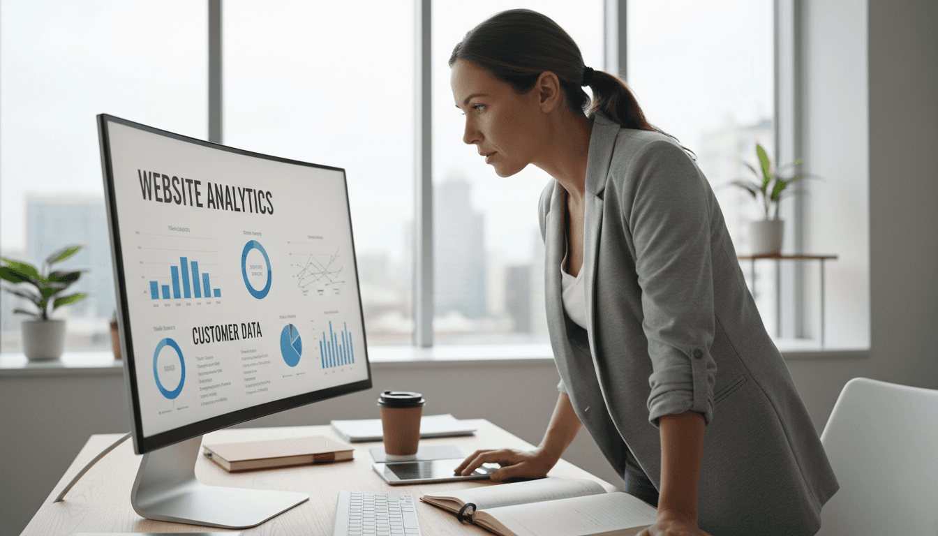 Business owner reviewing website performance metrics